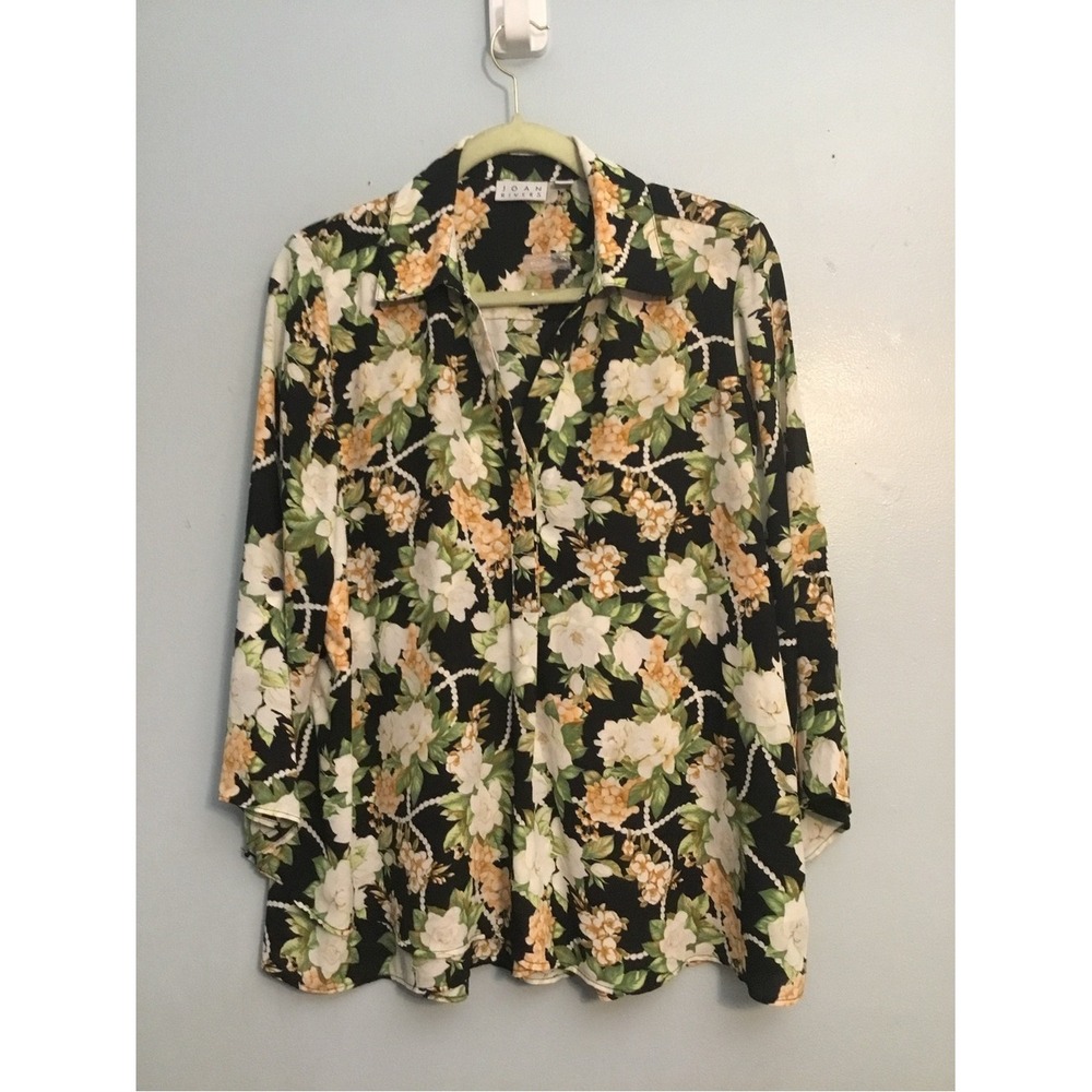 Joan Rivers Black Floral Button Down Shirt Cream Yellow Blooms Size M NWOT